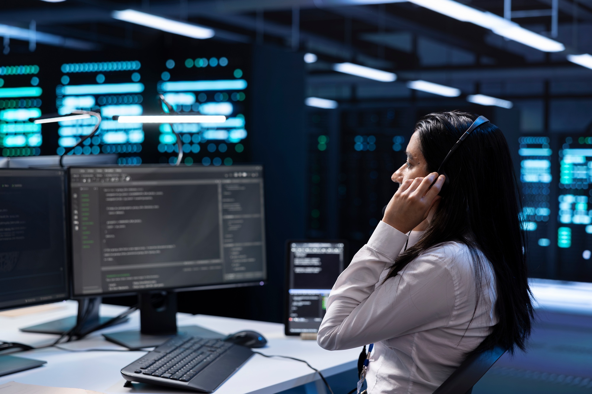 Admin in data center working on PC, providing technical support